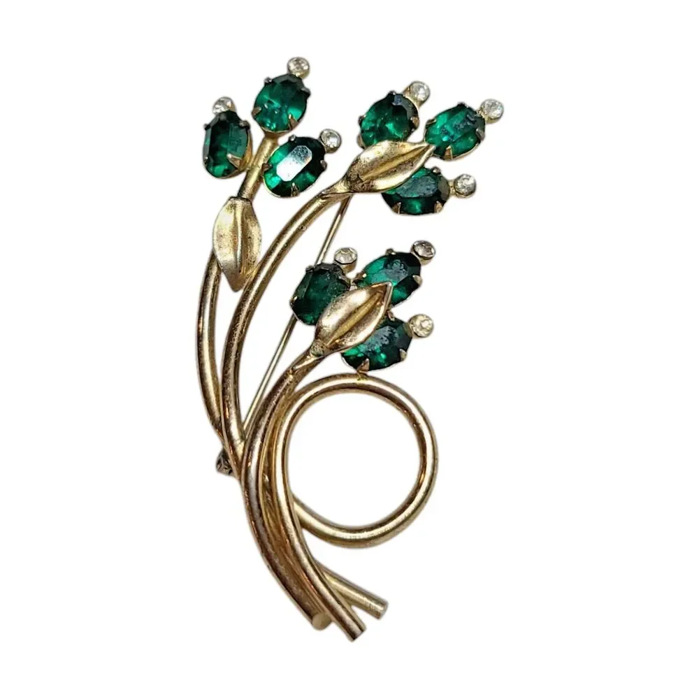 Green Marquise Rhinestone Floral Spray Brooch Pin Gold Tone Prong Vintage